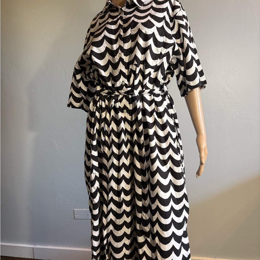 Uniqlo x Marimekko Linen Shirt Dress Lokki Wave Pattern Black & White Size L